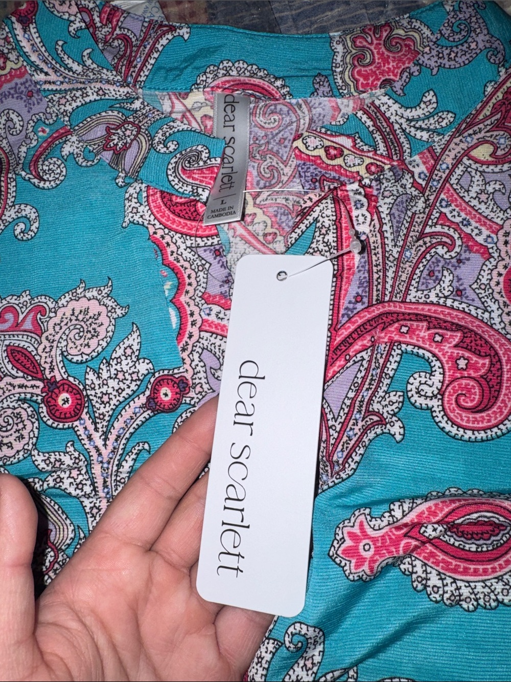 Teal Paisley V-Neck Blouse with 3/4 Sleeves - Picture 2 of 2